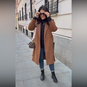 Classic Coat Lapel Collar Open Front Belted Long Jacket